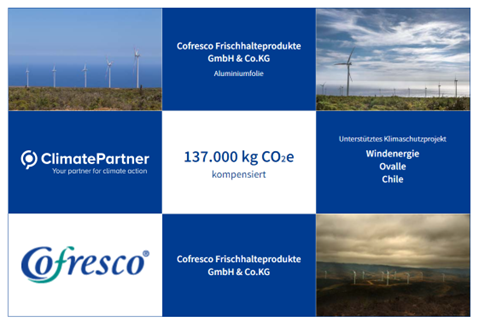 Grafik mit Windkraftanlagen und Logos. In der Mitte steht: "137.000 kg CO2e kompensiert". Erwähnt werden die Cofresco Frischhalteprodukte GmbH & Co. KG, ClimatePartner und das unterstützte Klimaschutzprojekt Windenergie Ovalle, Chile.