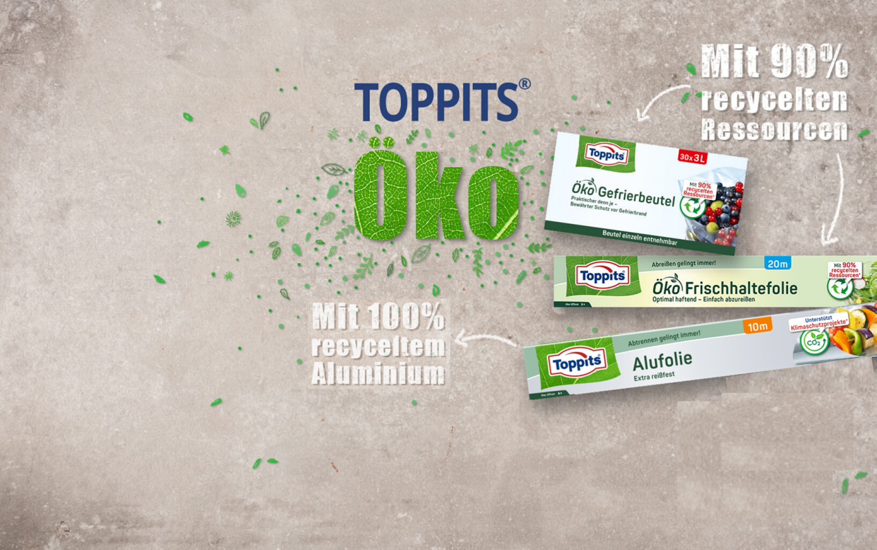 Toppits Öko-Produkte: Gefrierbeutel, Frischhaltefolie und Alufolie aus nachwachsenden Rohstoffen oder mit hohem Recyclinganteil.