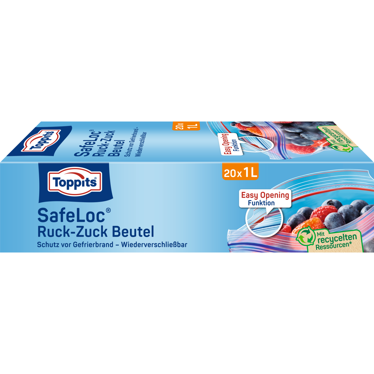 Toppits SafeLoc Ruck-Zuck Beutel 20x1L Verpackungsvorderseite