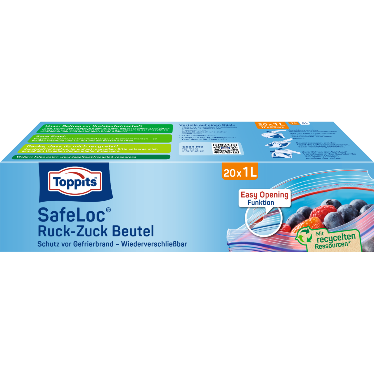 Toppits SafeLoc Ruck-Zuck Beutel 20x1L Verpackungsvorderseite
