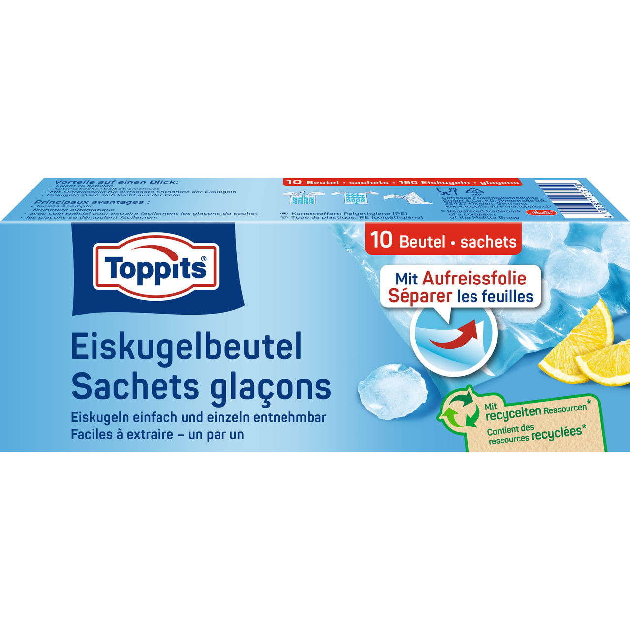 Vorderseite der Verpackung der Toppits Eiskugelbeutel