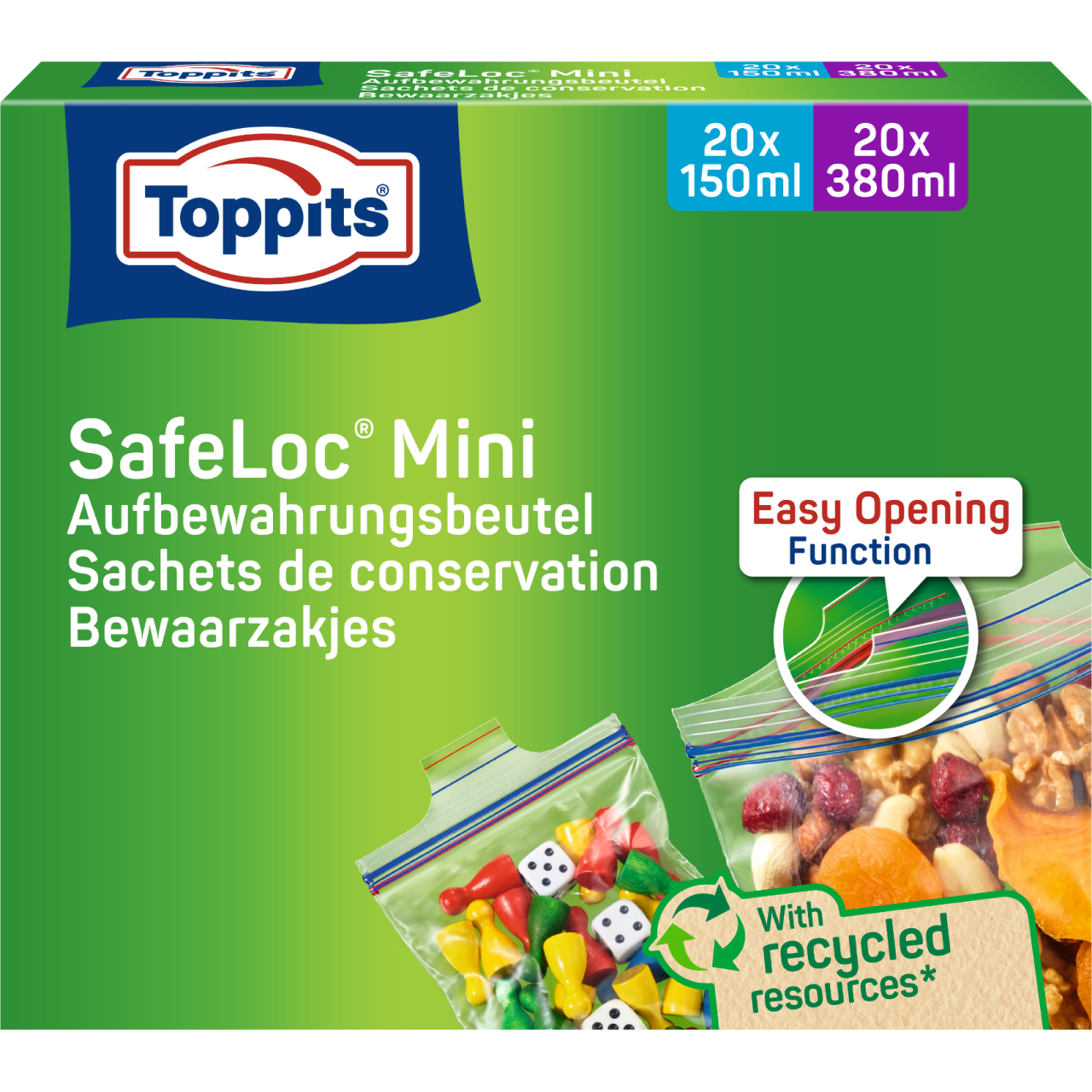 Vorderseite der Verpackung der Toppits® SafeLoc®-Mini Beutel