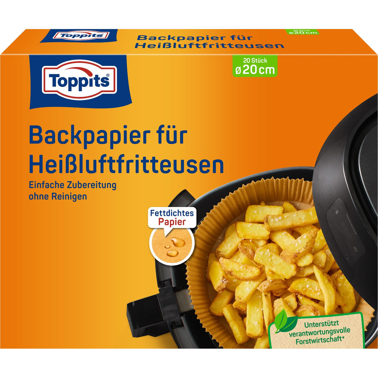 Vorderseite der Verpackung Toppits Backpapier für Heißluftfritteusen